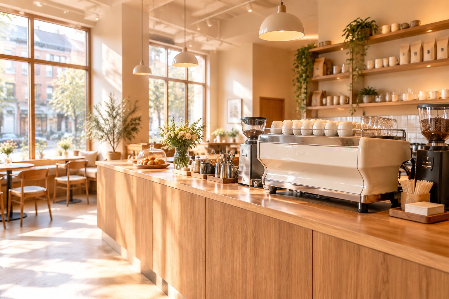 Inside The Coffee Cycle: wooden counter, espresso machine and cups in morning light