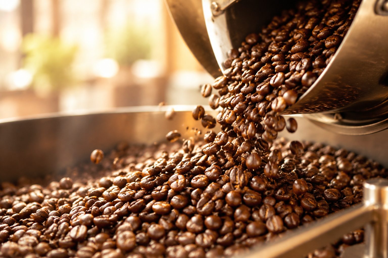 Freshly roasted coffee beans spilling from the roaster drum