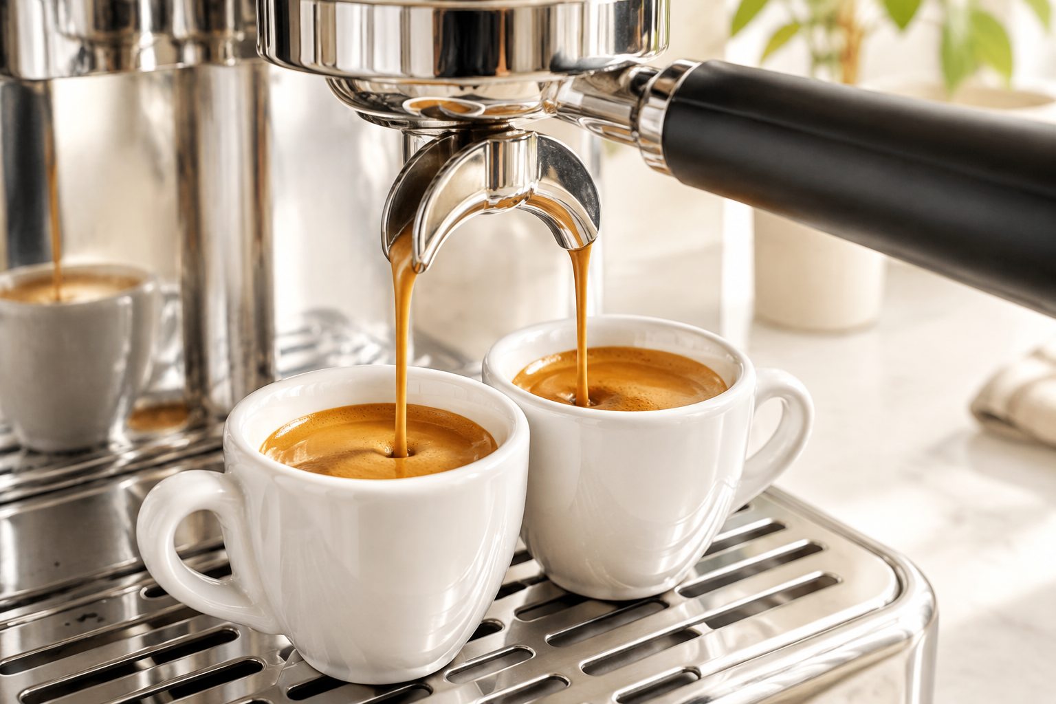 Extraction d'espresso en twin, dans une machine à café de comptoir