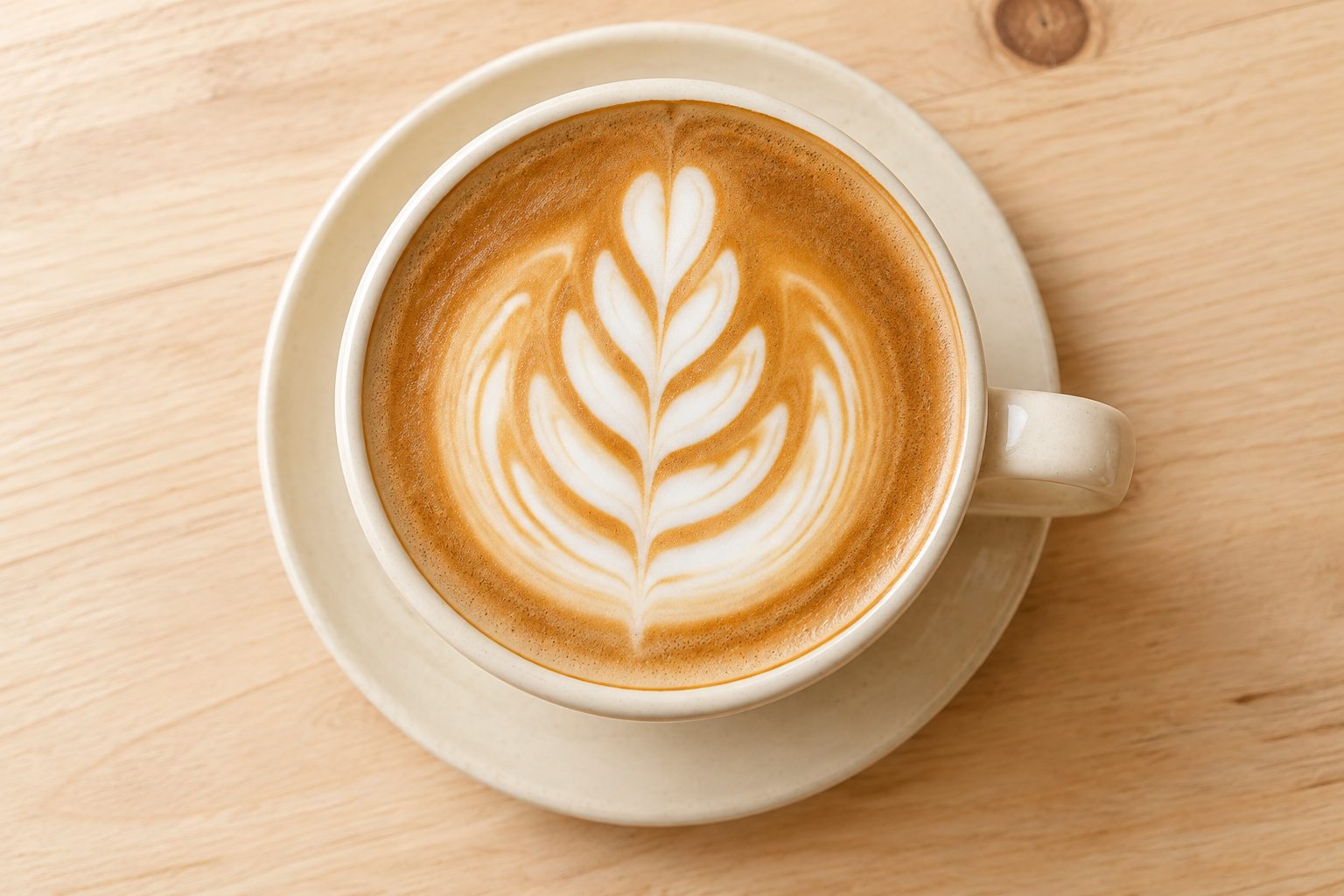 Cappuccino with rosetta latte art in a warm ceramic cup
