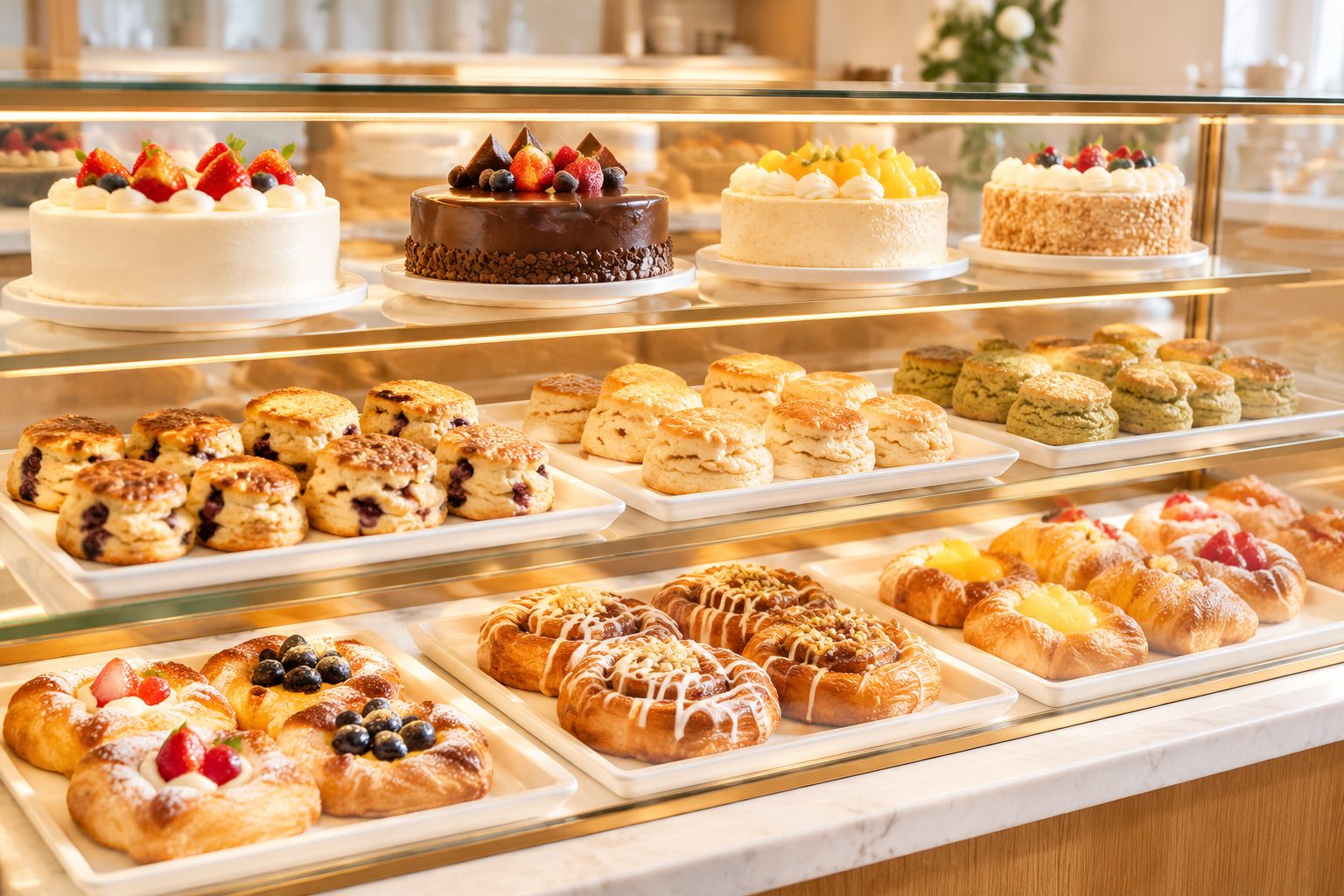 Pastry display with cakes and scones