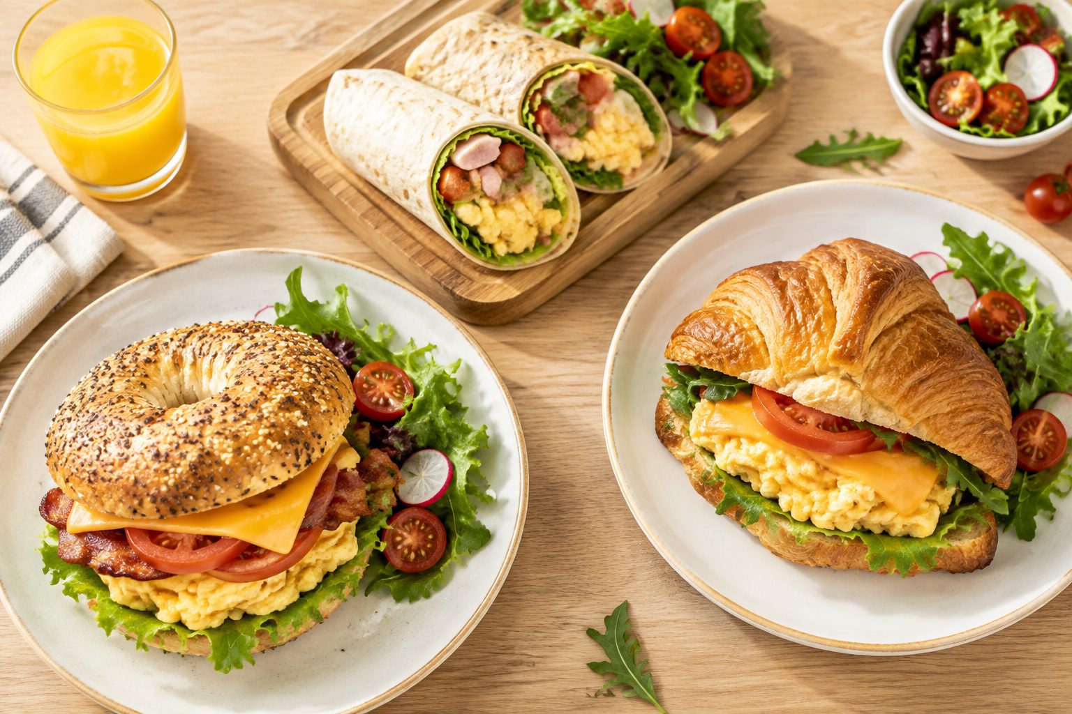 Breakfast sandwiches arranged on a pale oak table