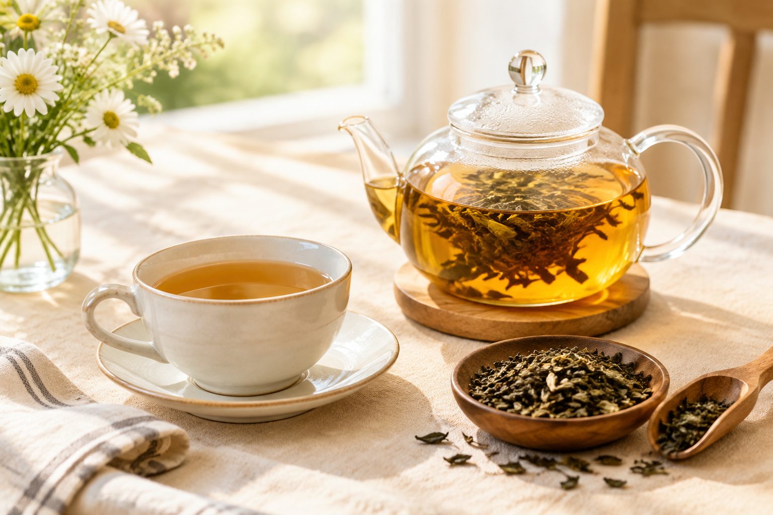 Teapot and loose leaf tea on a cream tablecloth