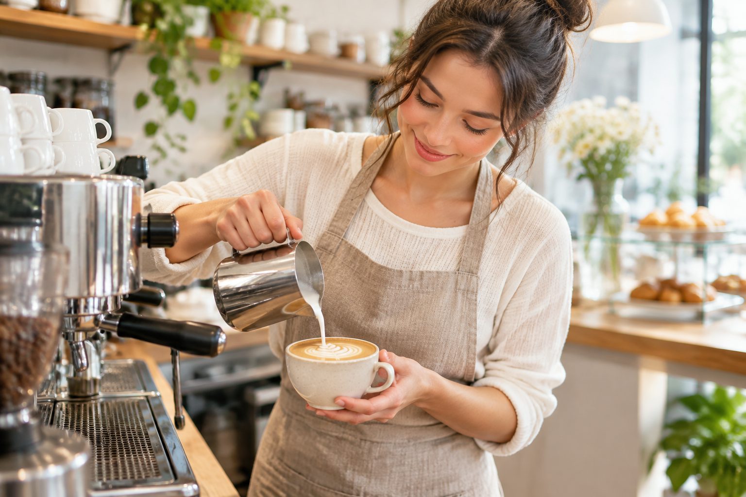 Barista pouring latte art at the espresso machine