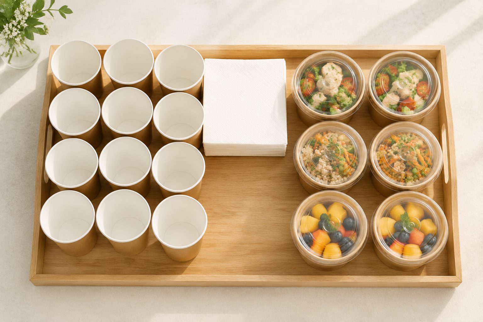 Catering preparation: paper cups, napkins and lidded containers on a clean table