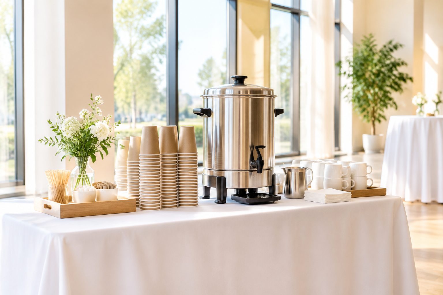 Coffee station being set up in a bright function room