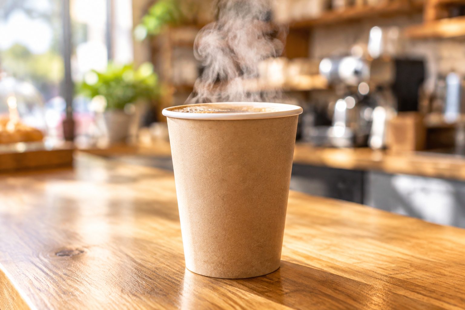 Blank kraft takeaway cup on a wooden counter