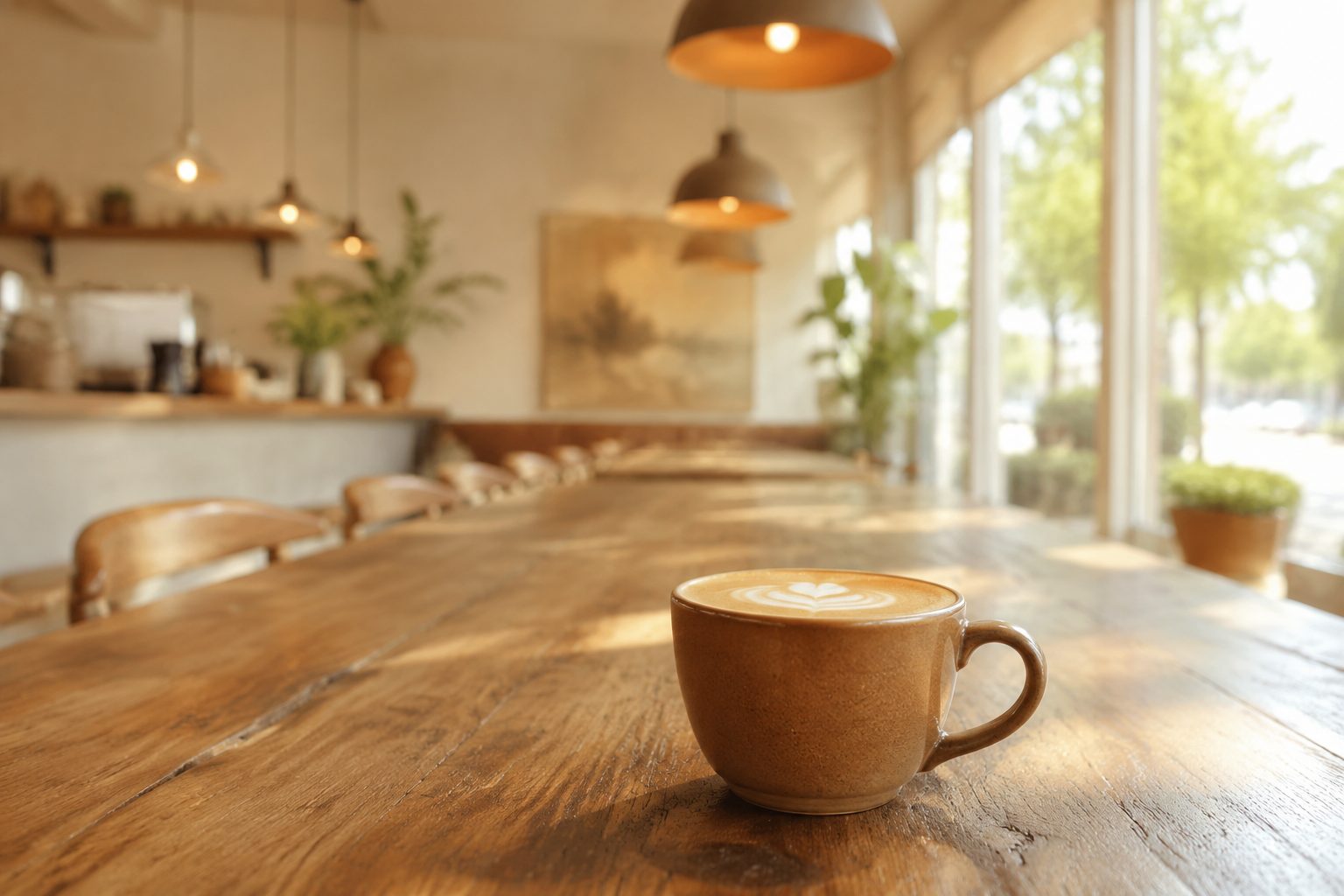 La salle du Coffee Cycle, lumière du jour, tables en bois